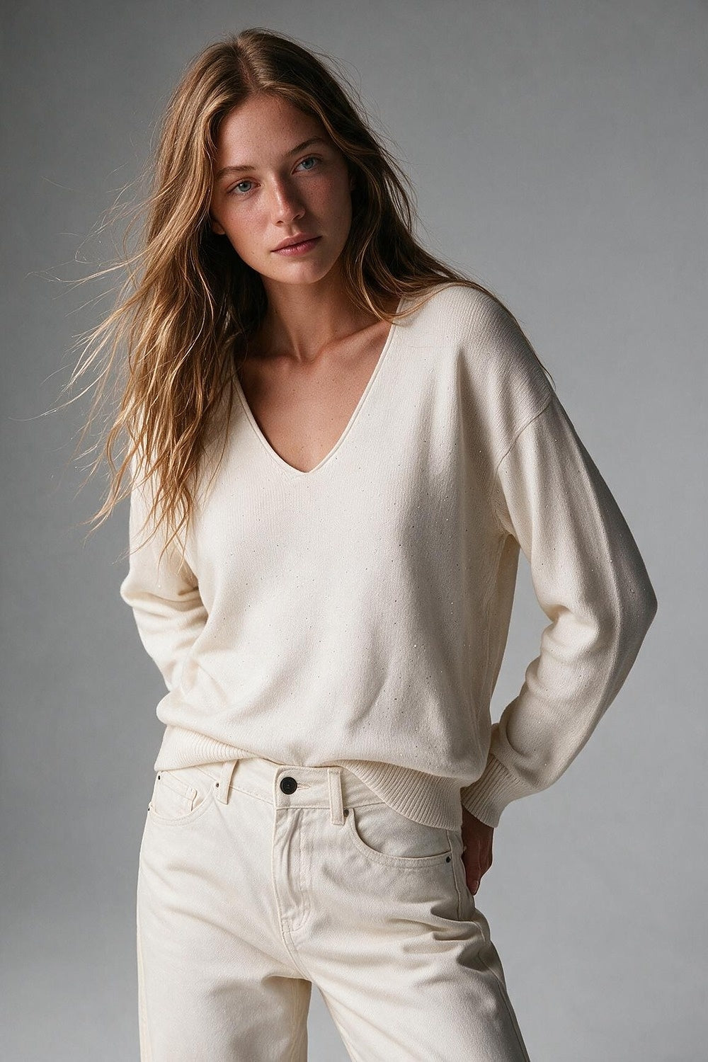 Cream Speckled Fine Knit V Neck Ribbed Trim Sweater with sequins embellished - Jumpers
