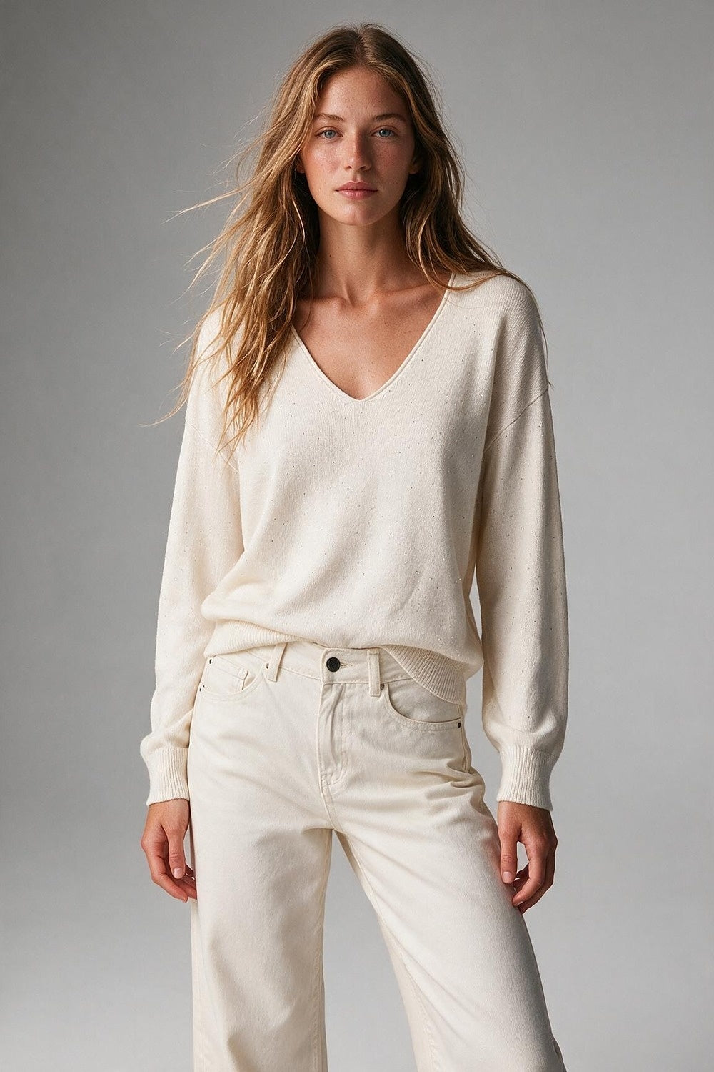 Cream Speckled Fine Knit V Neck Ribbed Trim Sweater with sequins embellished - Jumpers