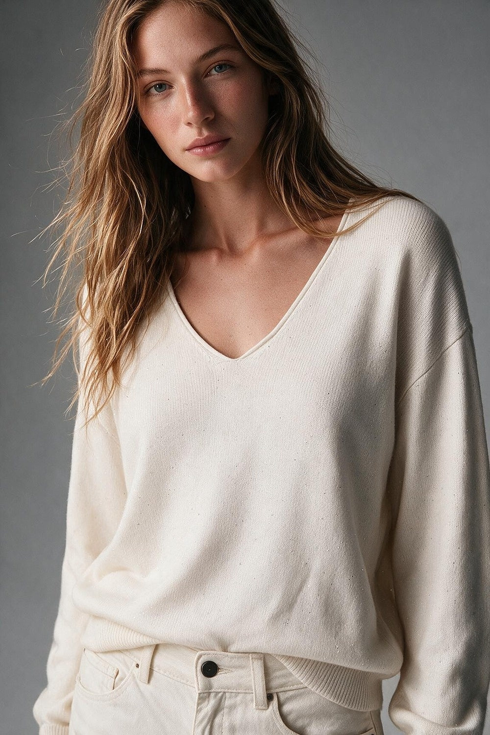 Cream Speckled Fine Knit V Neck Ribbed Trim Sweater with sequins embellished - Jumpers