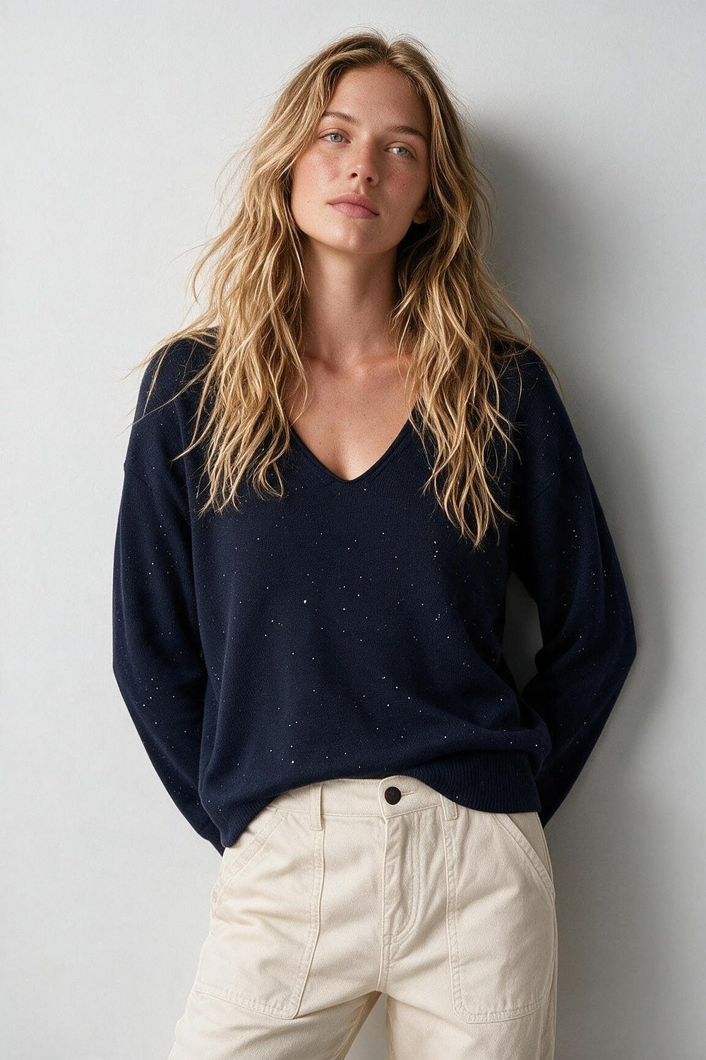 Navy Glitter Speckled Fine Knit V Neck Sweater with sequins embellished - Jumpers