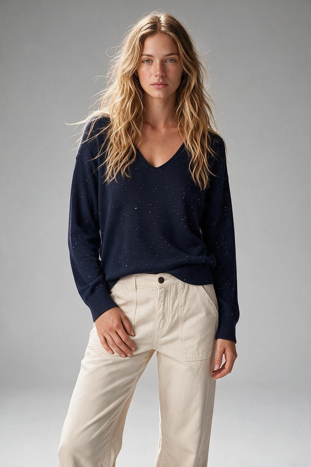 Navy Glitter Speckled Fine Knit V Neck Sweater with sequins embellished - Jumpers