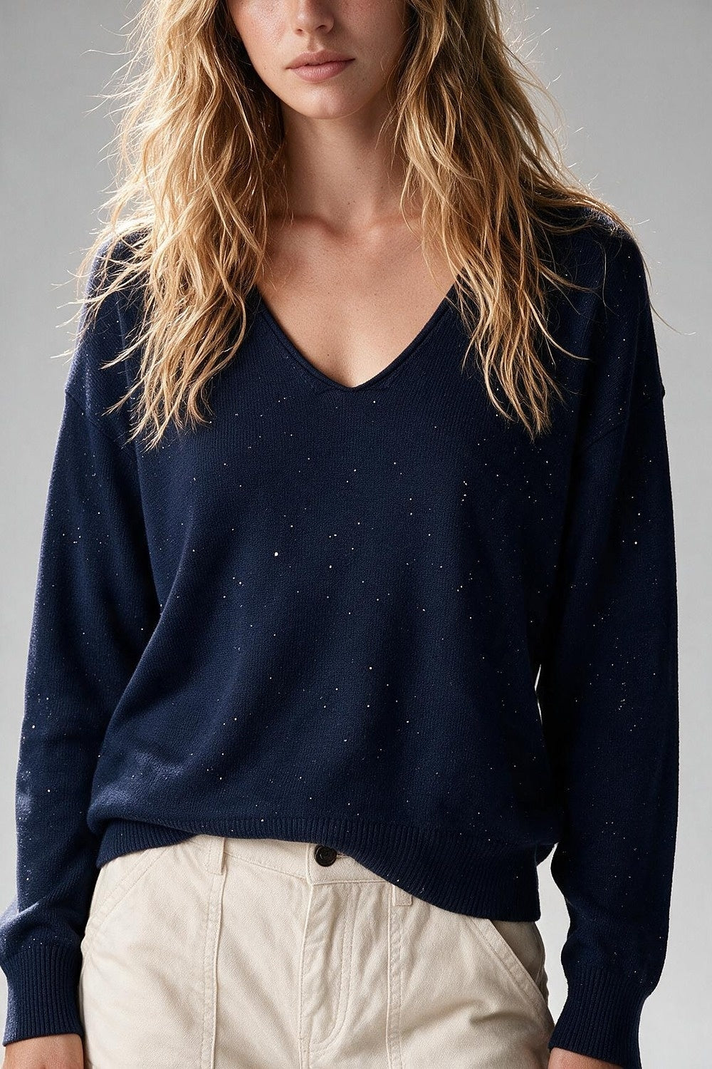Navy Glitter Speckled Fine Knit V Neck Sweater with sequins embellished - Jumpers