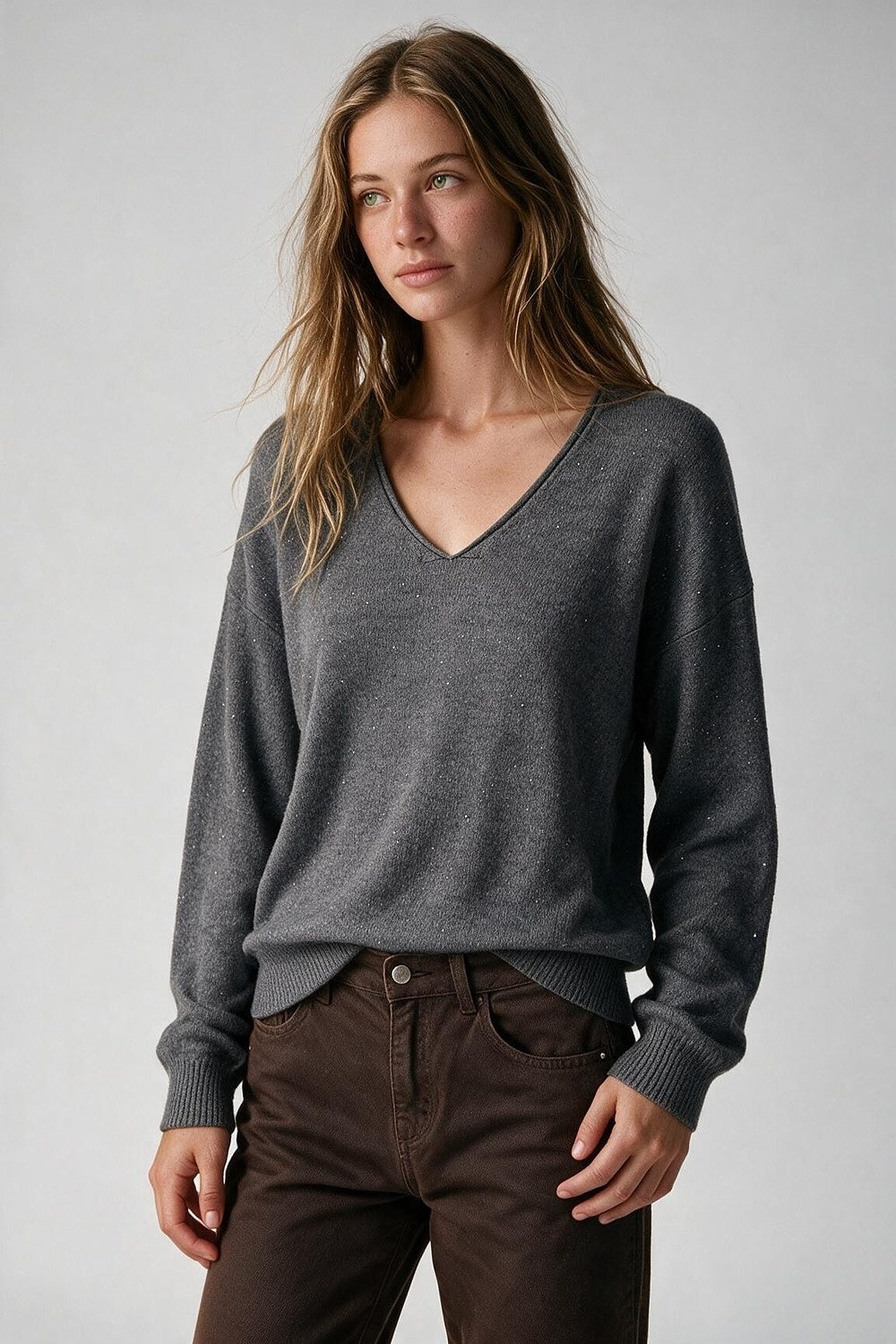 Grey Fine Knit V Neck Ribbed Trim Sweater with sequins embellished - Jumpers