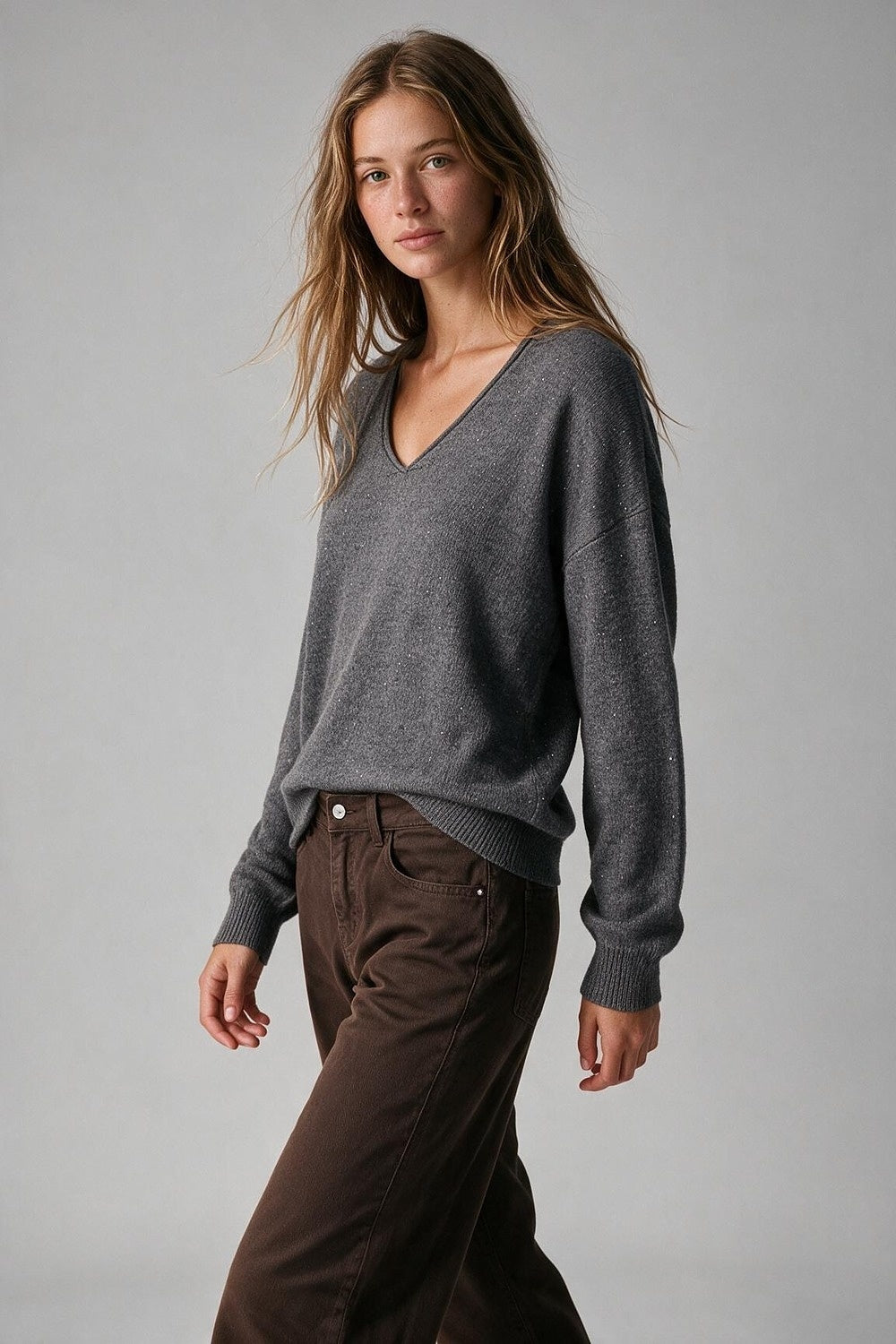 Grey Fine Knit V Neck Ribbed Trim Sweater with sequins embellished - Jumpers
