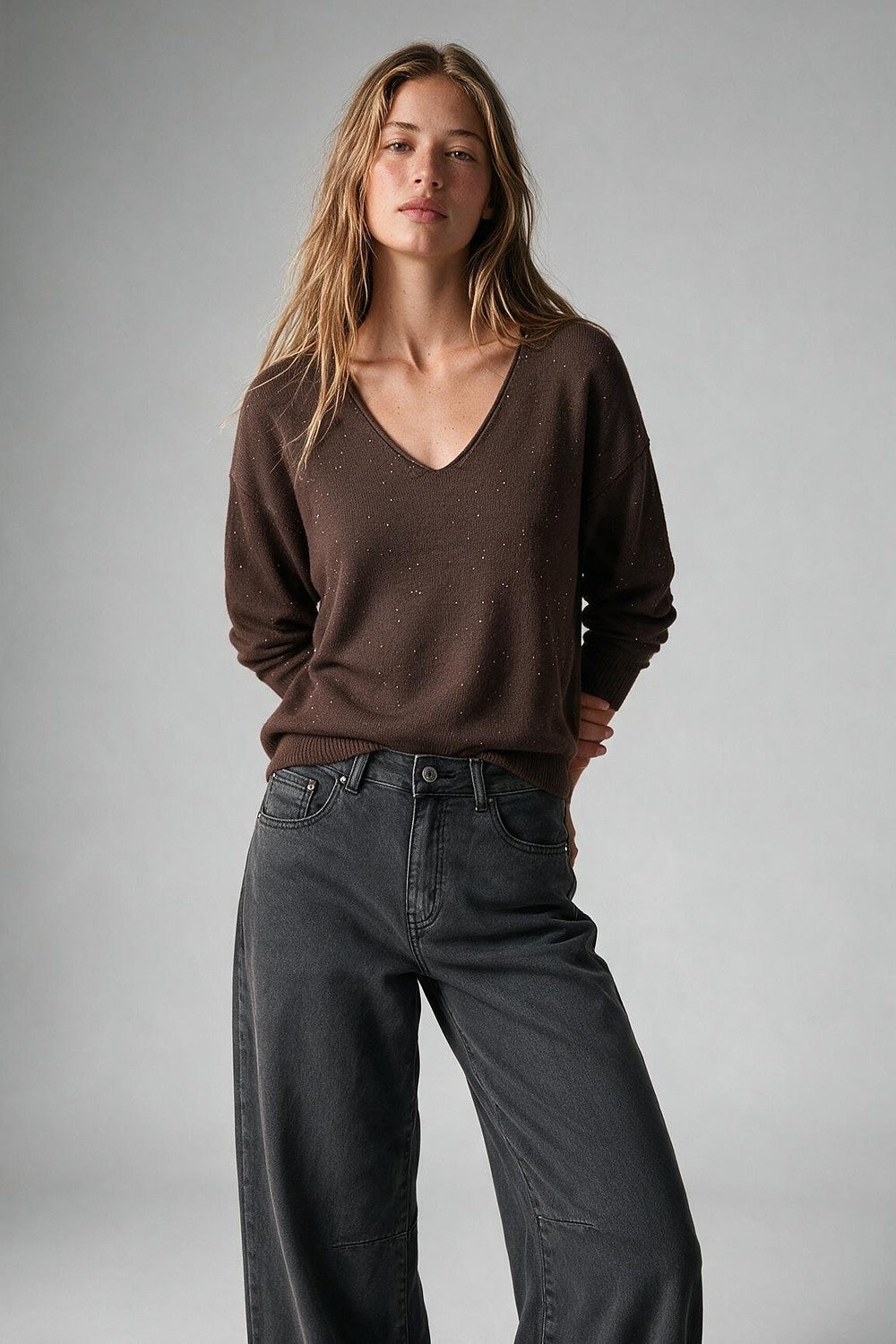 Brown Glitter Soft Knit V Neck Ribbed Trim Sweater - Jumpers