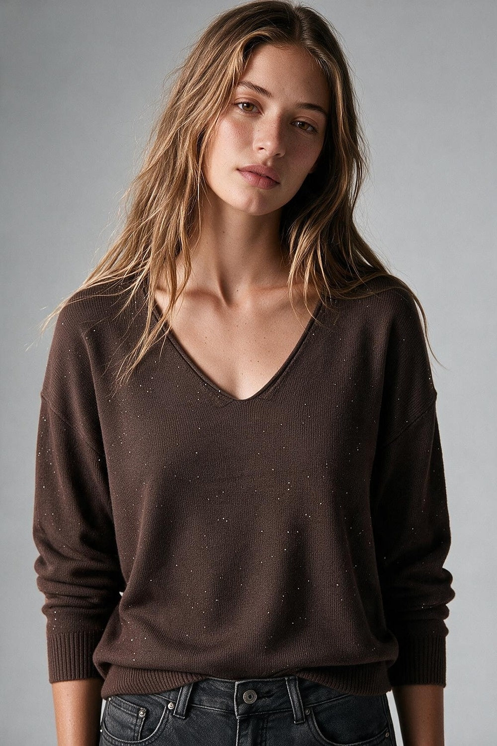 Brown Glitter Soft Knit V Neck Ribbed Trim Sweater - Jumpers