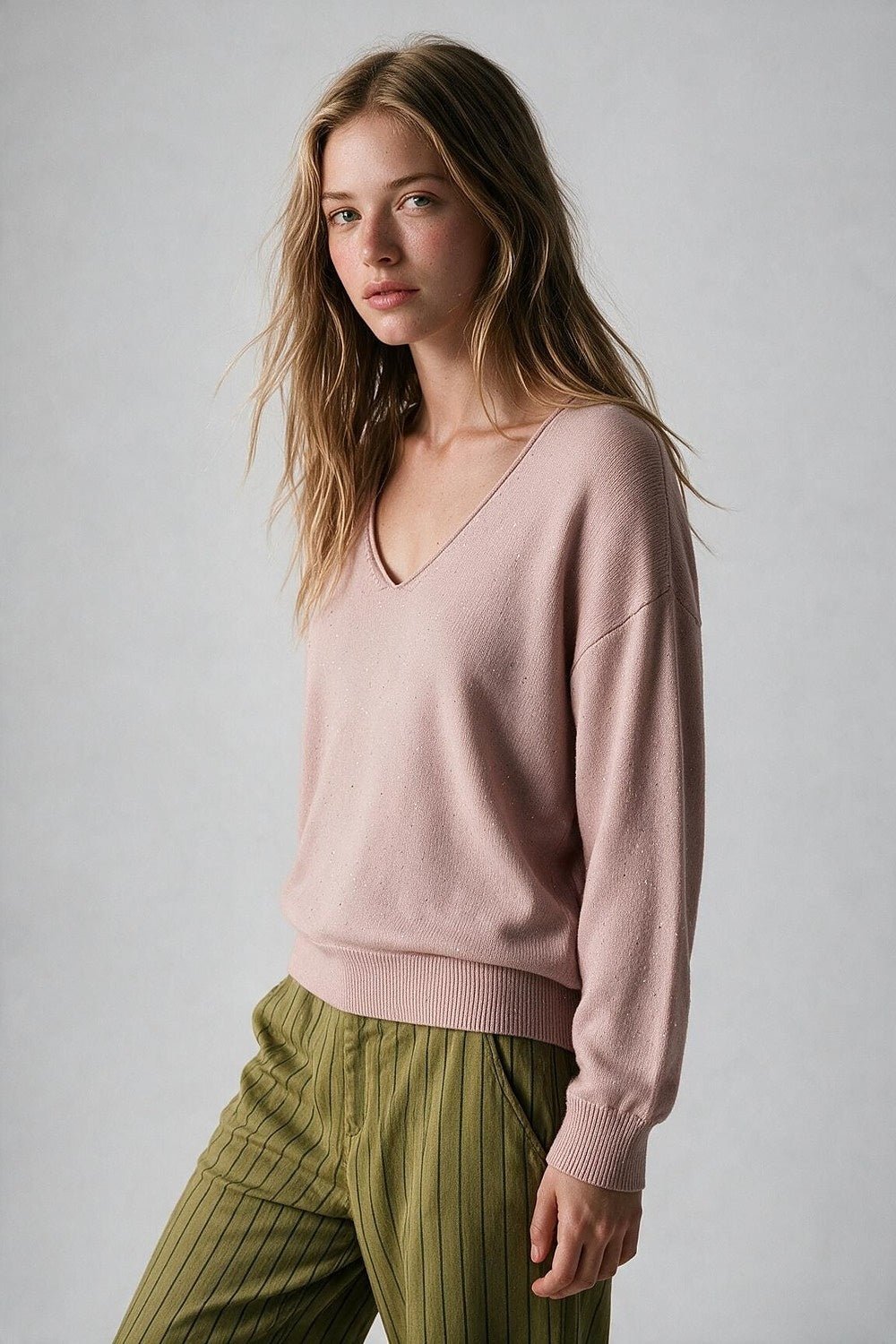 Light Pink Glitter Fine Knit V Neck Ribbed Trim Sweater - Jumpers
