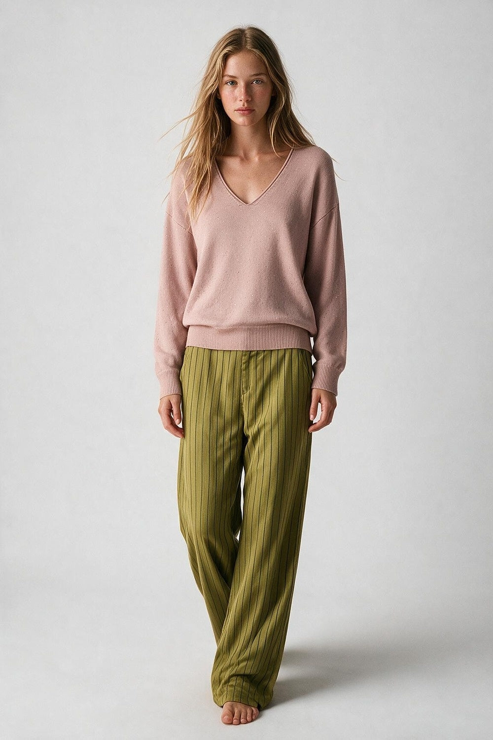Light Pink Glitter Fine Knit V Neck Ribbed Trim Sweater - Jumpers