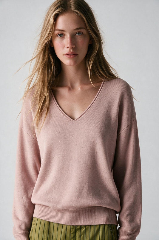 Light Pink Glitter Fine Knit V Neck Ribbed Trim Sweater - Jumpers