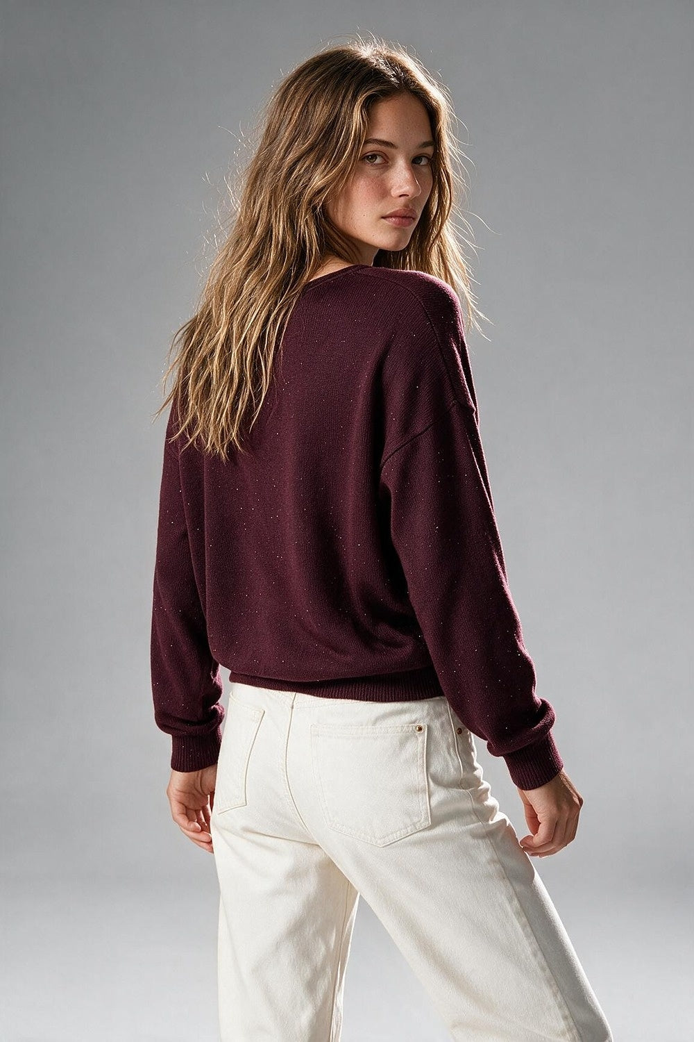 purple Glitter Fine Knit V Neck Ribbed Trim Sweater with sequins embellished - Jumpers
