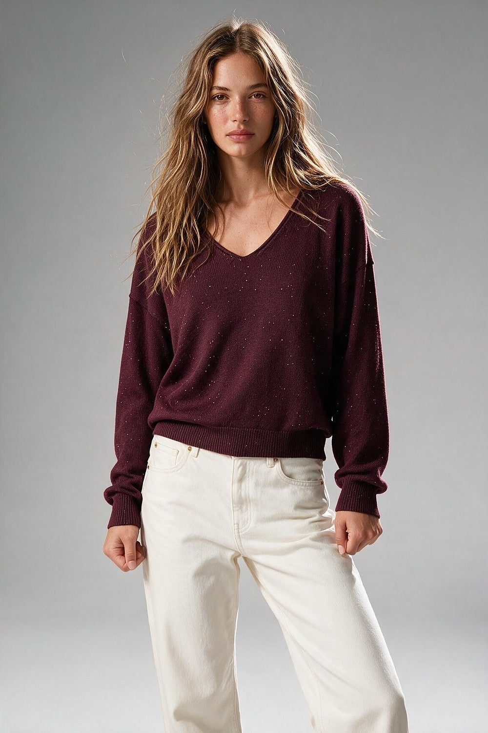 purple Glitter Fine Knit V Neck Ribbed Trim Sweater with sequins embellished - Jumpers