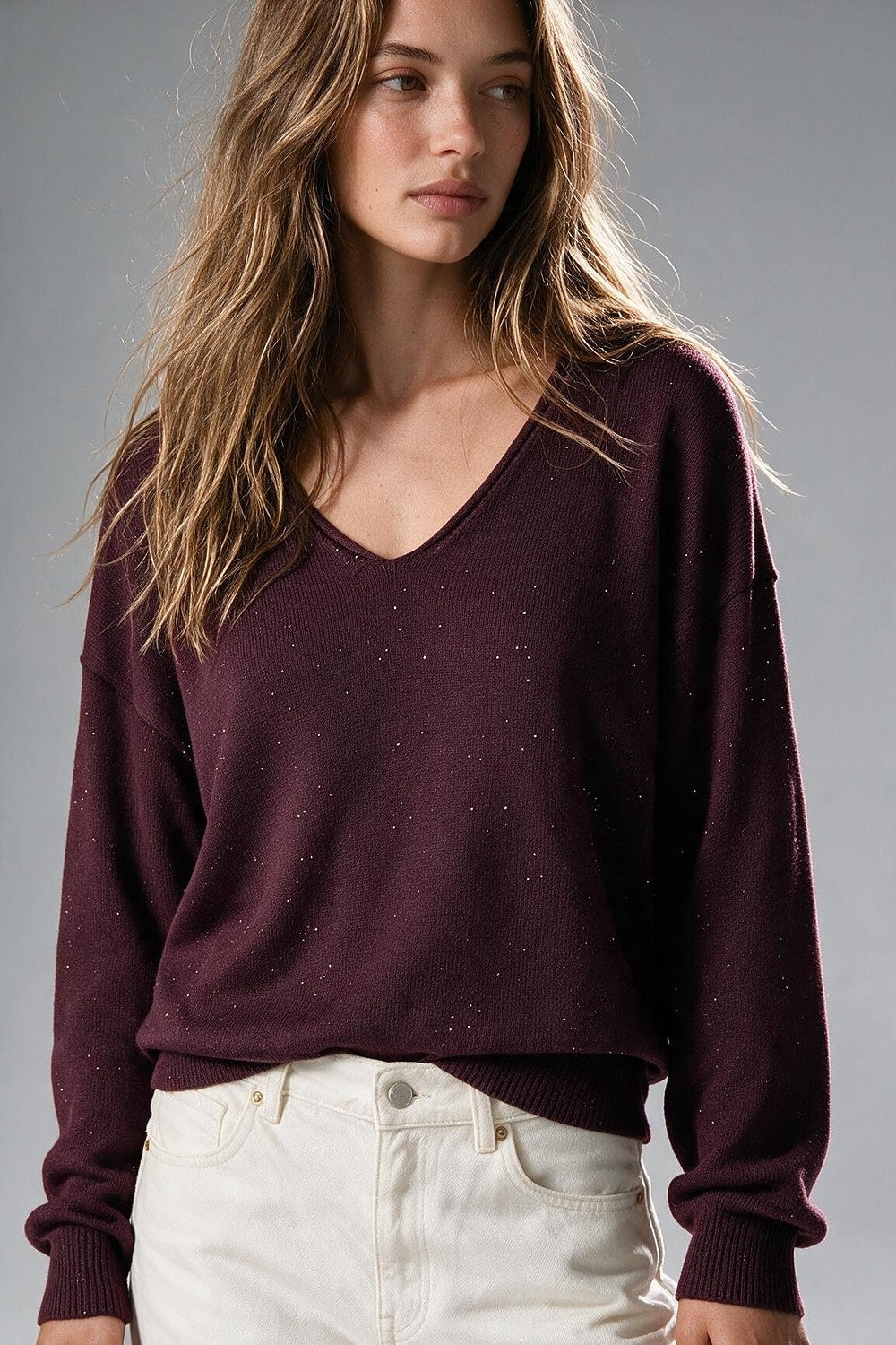 purple Glitter Fine Knit V Neck Ribbed Trim Sweater with sequins embellished