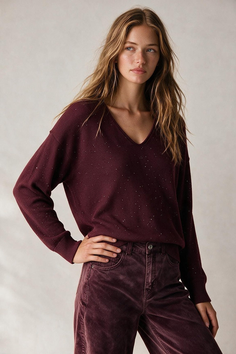 wine Glitter Fine Knit V Neck Ribbed Trim Sweater with sequins embellished - Jumpers