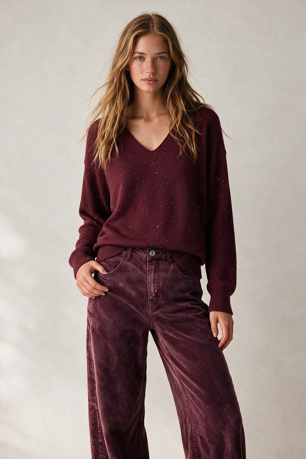 wine Glitter Fine Knit V Neck Ribbed Trim Sweater with sequins embellished - Jumpers