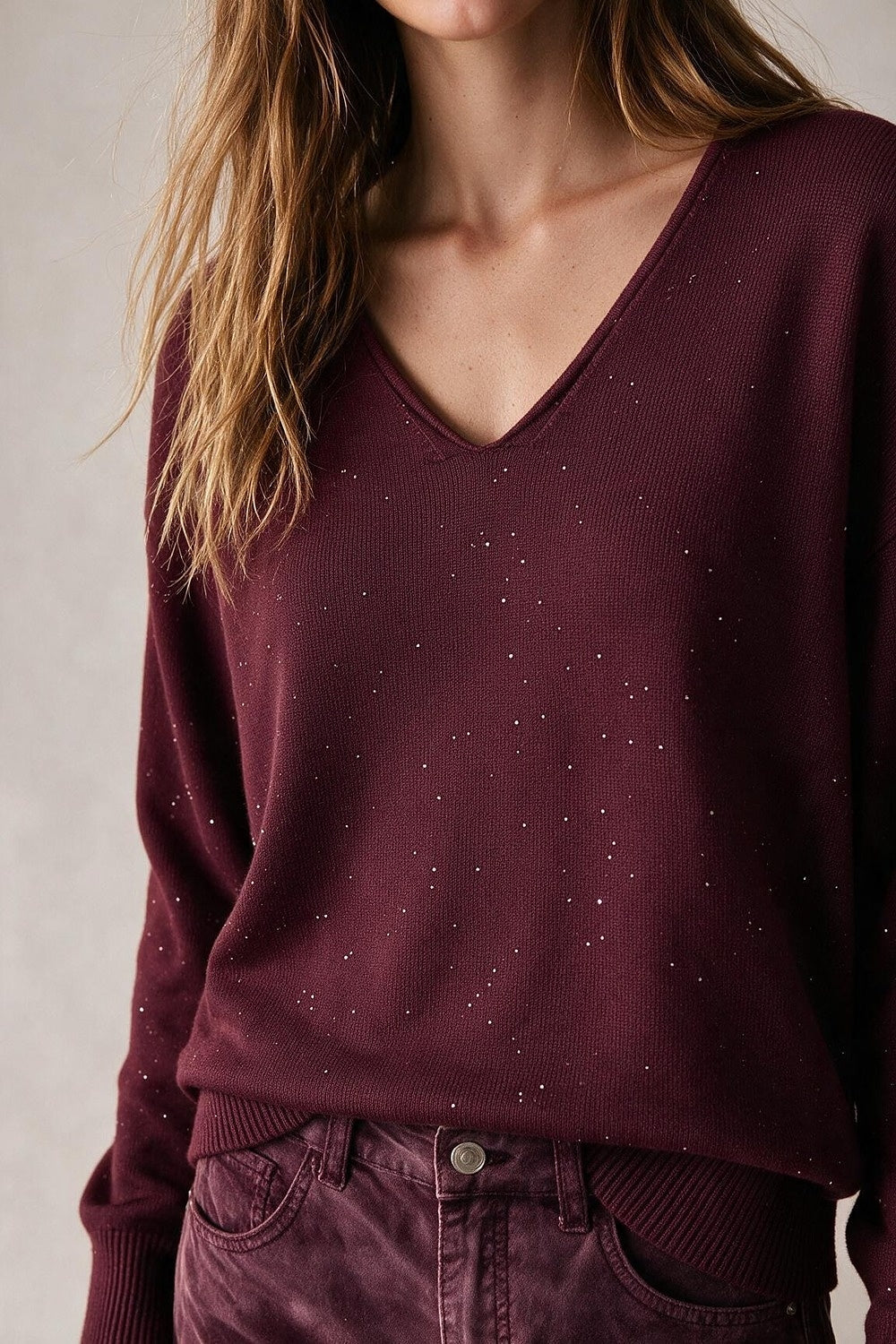 wine Glitter Fine Knit V Neck Ribbed Trim Sweater with sequins embellished - Jumpers