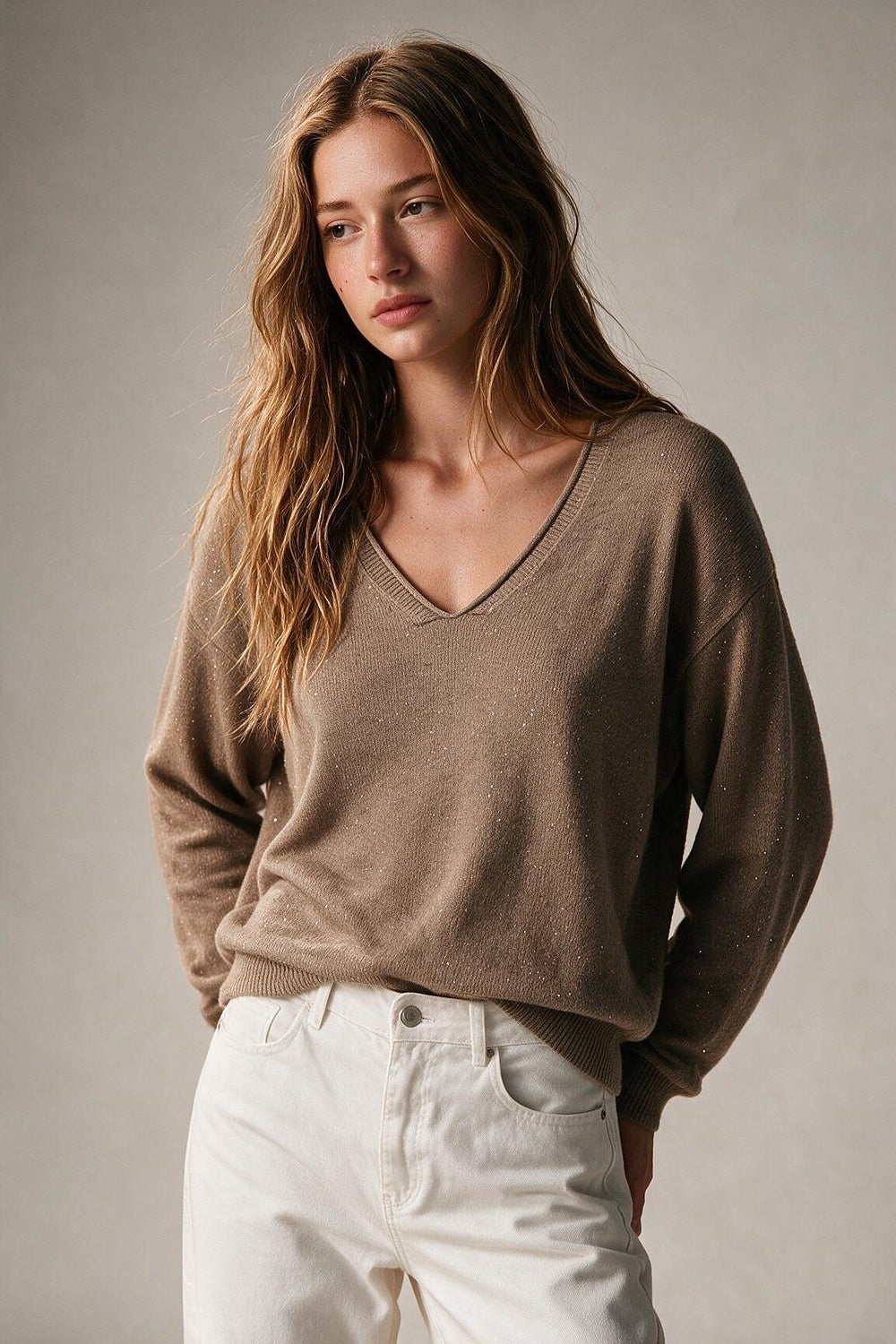 Fango Glitter Fleck Soft Knit V Neck Ribbed Trim Sweater with sequins embellished - Jumpers