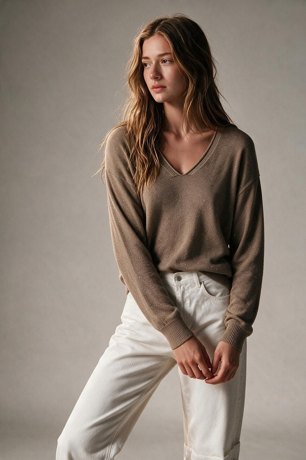 Fango Glitter Fleck Soft Knit V Neck Ribbed Trim Sweater with sequins embellished - Jumpers