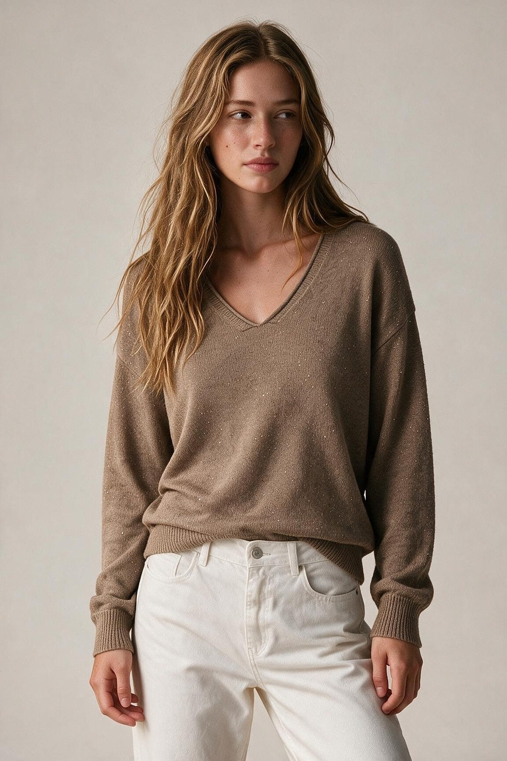 Fango Glitter Fleck Soft Knit V Neck Ribbed Trim Sweater with sequins embellished - Jumpers