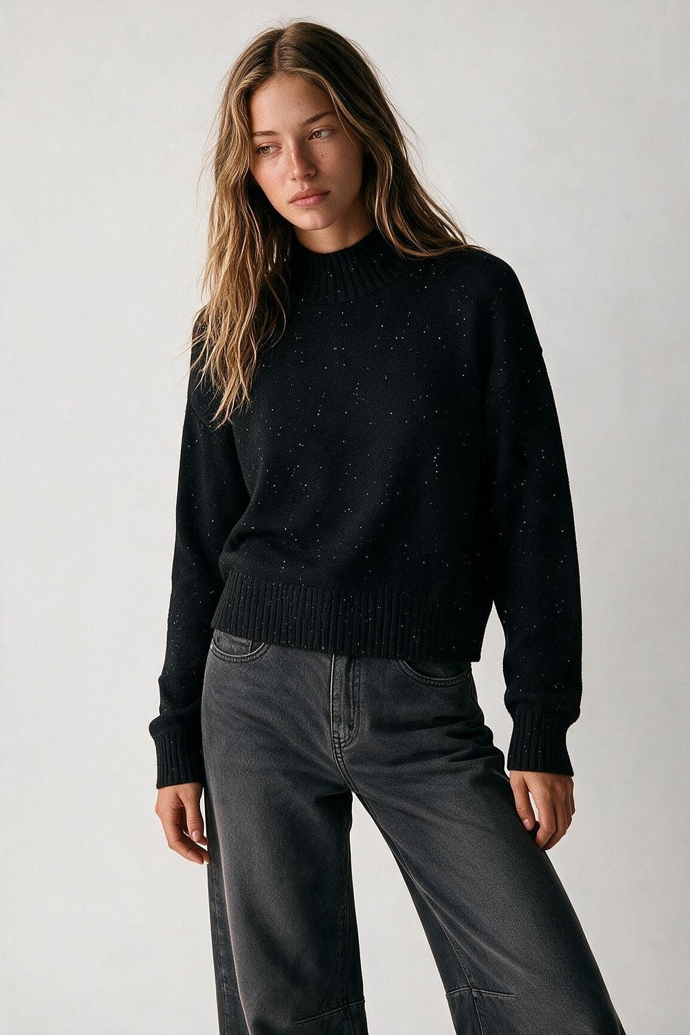 Black Embellished Sequin Soft Knit Ribbed Mock Neck Sweater - Jumpers