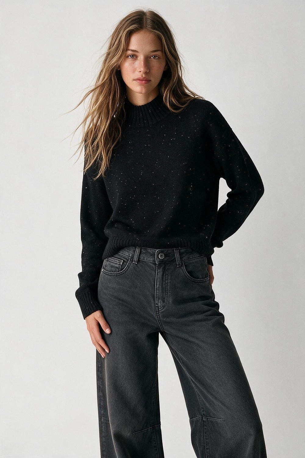 Black Embellished Sequin Soft Knit Ribbed Mock Neck Sweater - Jumpers