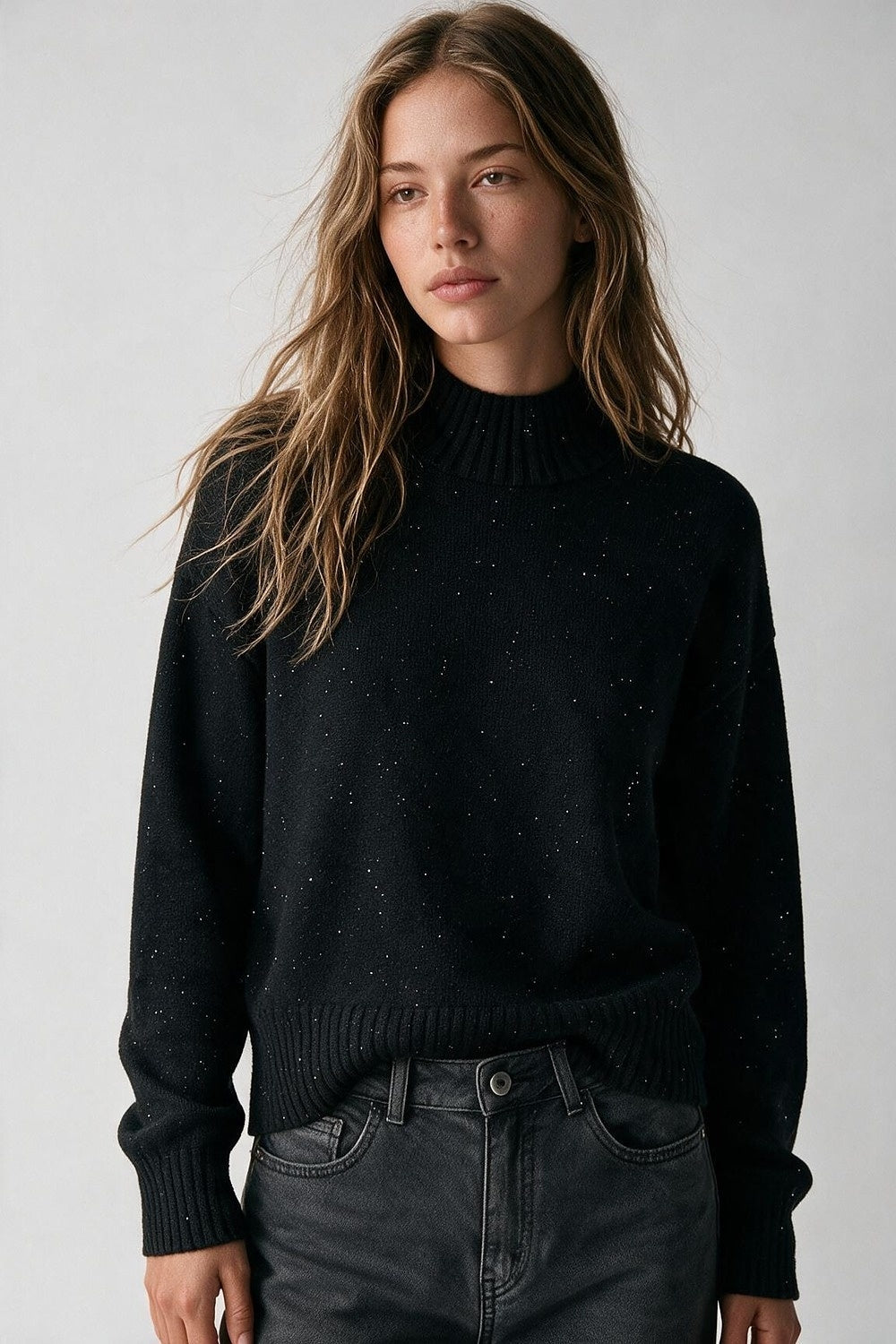 Black Embellished Sequin Soft Knit Ribbed Mock Neck Sweater - Jumpers