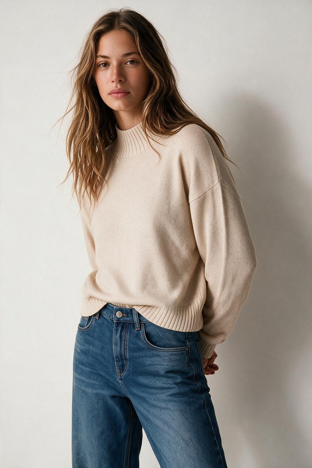 Beige Embellished Sequin Fine Knit Ribbed Turtleneck Relaxed Sweater - Jumpers