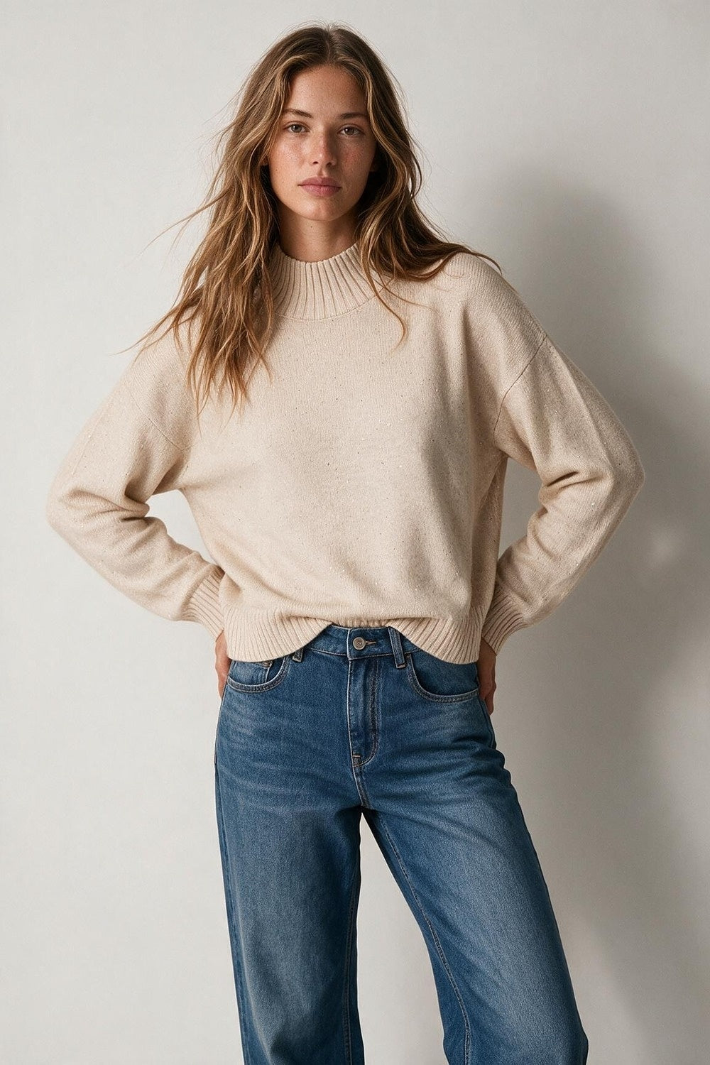 Beige Embellished Sequin Fine Knit Ribbed Turtleneck Relaxed Sweater - Jumpers