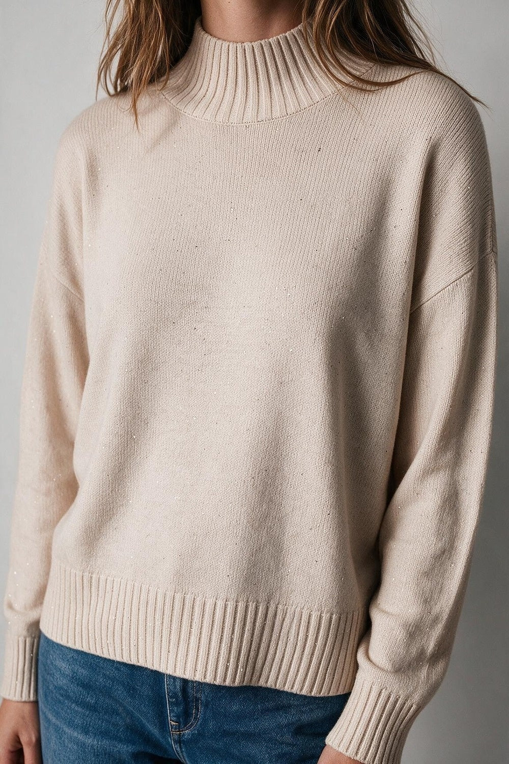 Beige Embellished Sequin Fine Knit Ribbed Turtleneck Relaxed Sweater - Jumpers