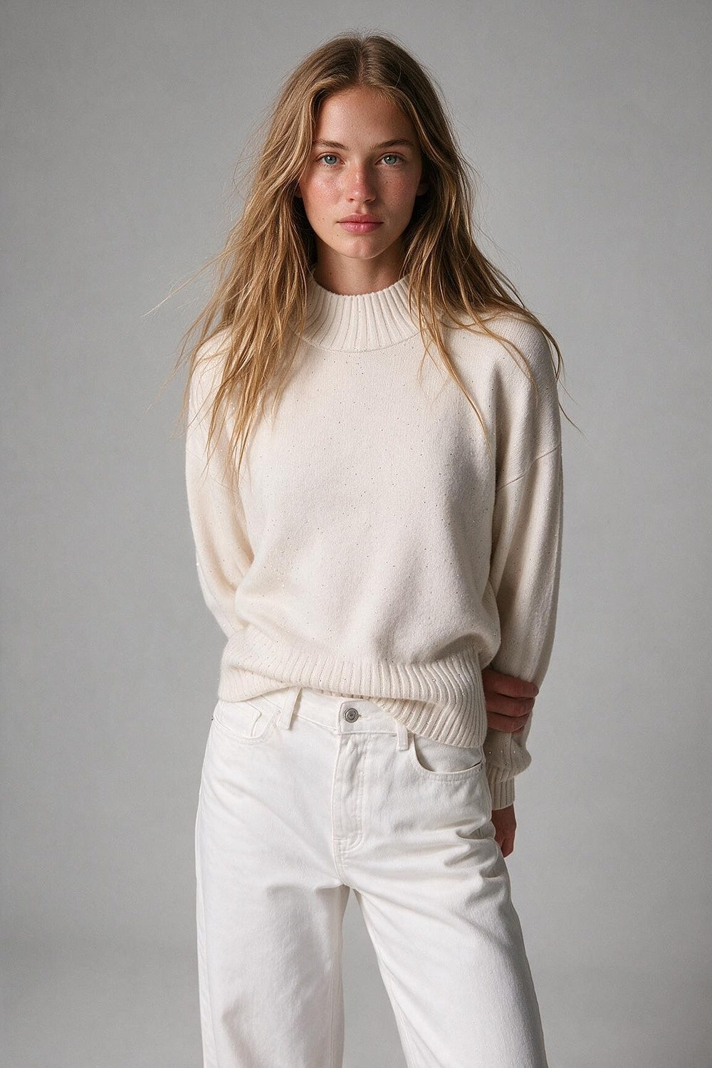 Cream Embellished Sequin Brushed Knit Mock Neck Ribbed Sweater - Jumpers