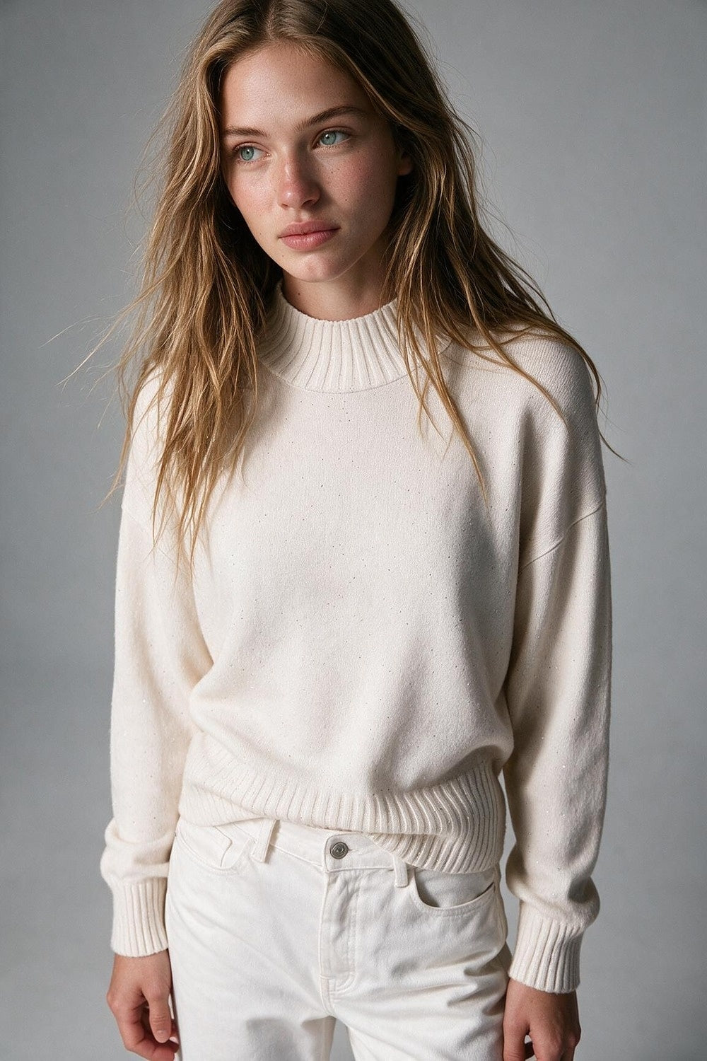 Cream Embellished Sequin Brushed Knit Mock Neck Ribbed Sweater - Jumpers
