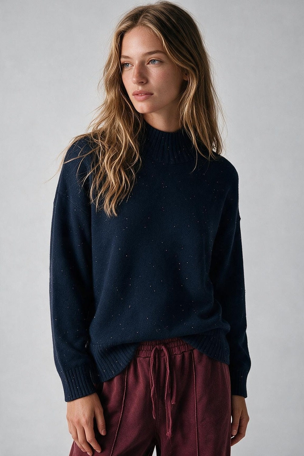 Navy Embellished Sequin Soft Knit Ribbed Turtleneck Sweater - Jumpers