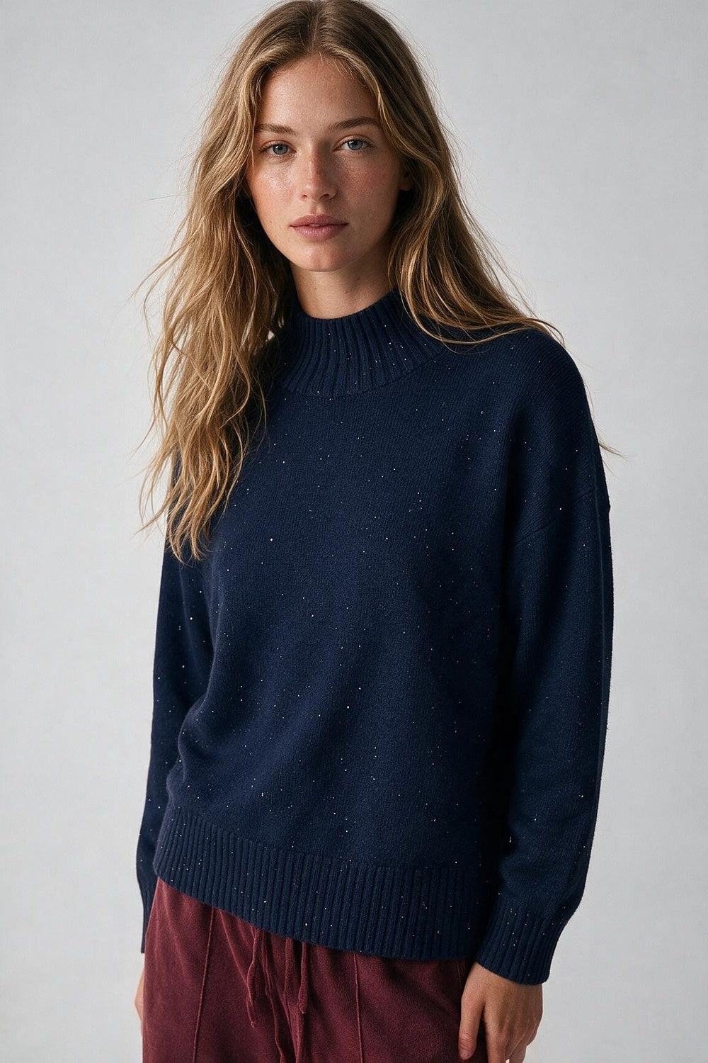 Navy Embellished Sequin Soft Knit Ribbed Turtleneck Sweater - Jumpers