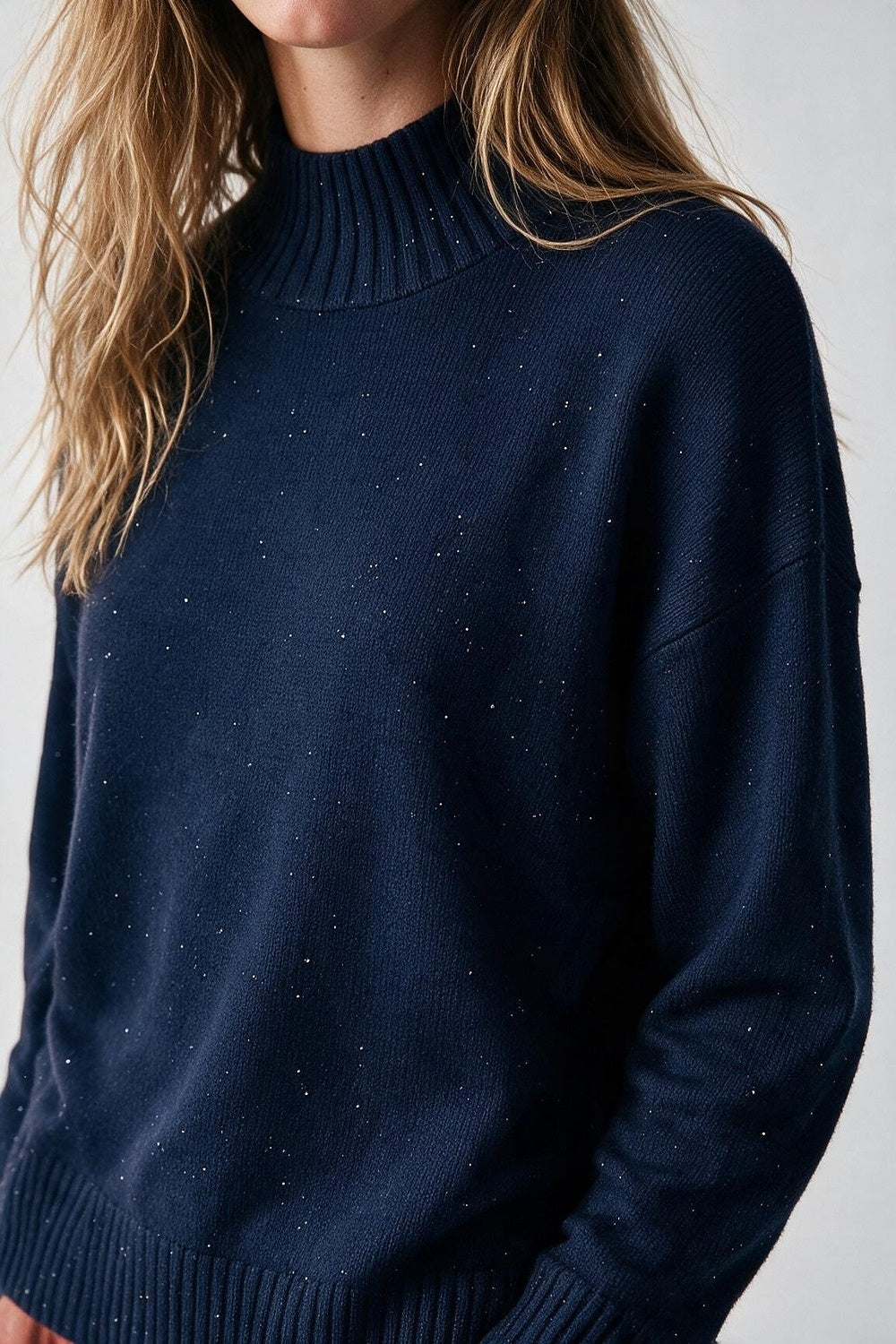 Navy Embellished Sequin Soft Knit Ribbed Turtleneck Sweater - Jumpers