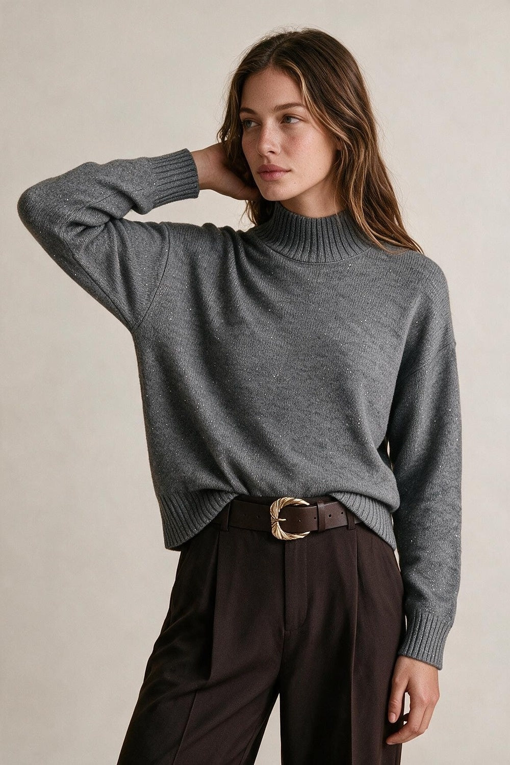 Grey Embellished Sequin Soft Knit High Neck Ribbed Trim Sweater - Jumpers