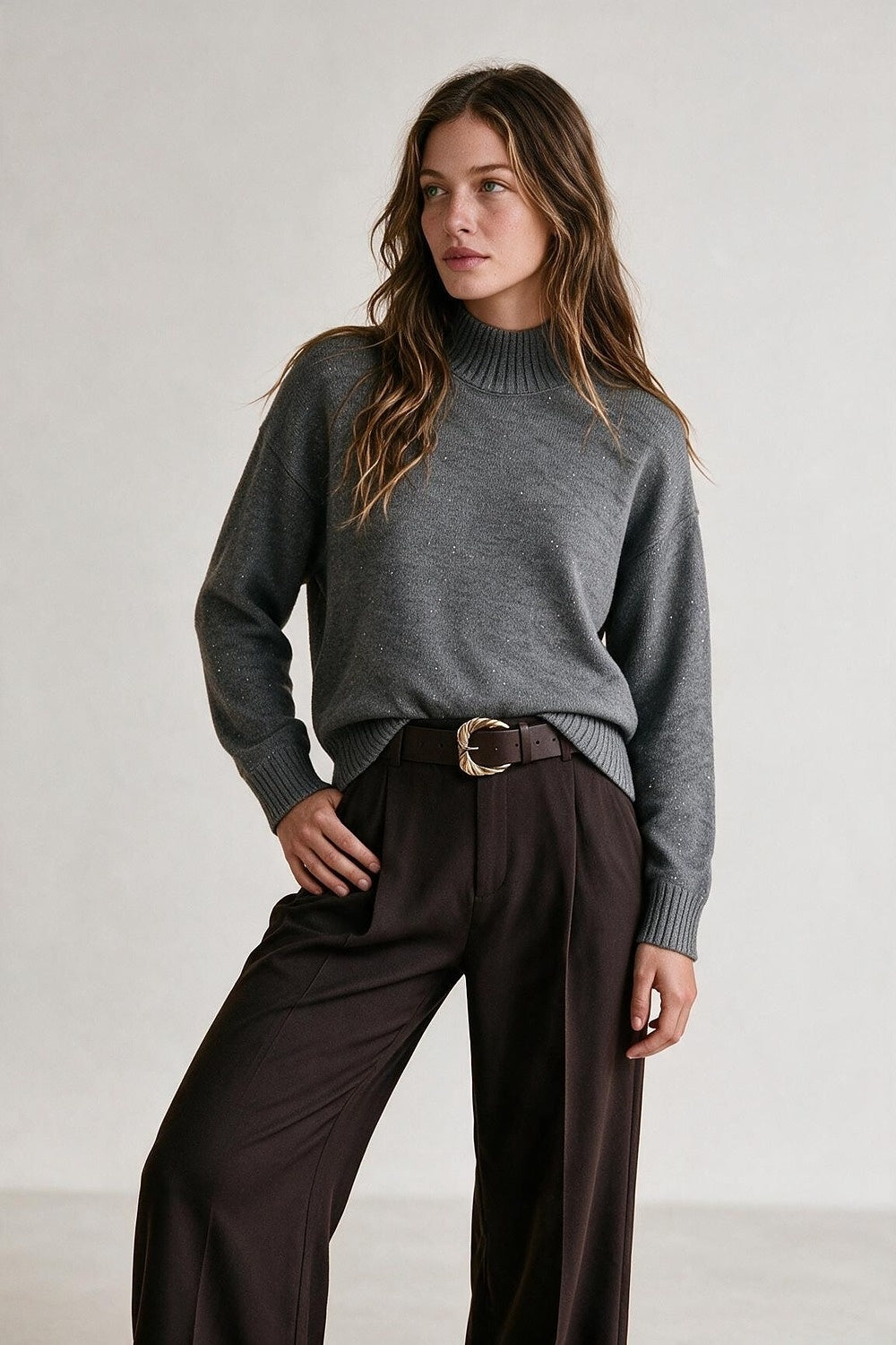 Grey Embellished Sequin Soft Knit High Neck Ribbed Trim Sweater - Jumpers