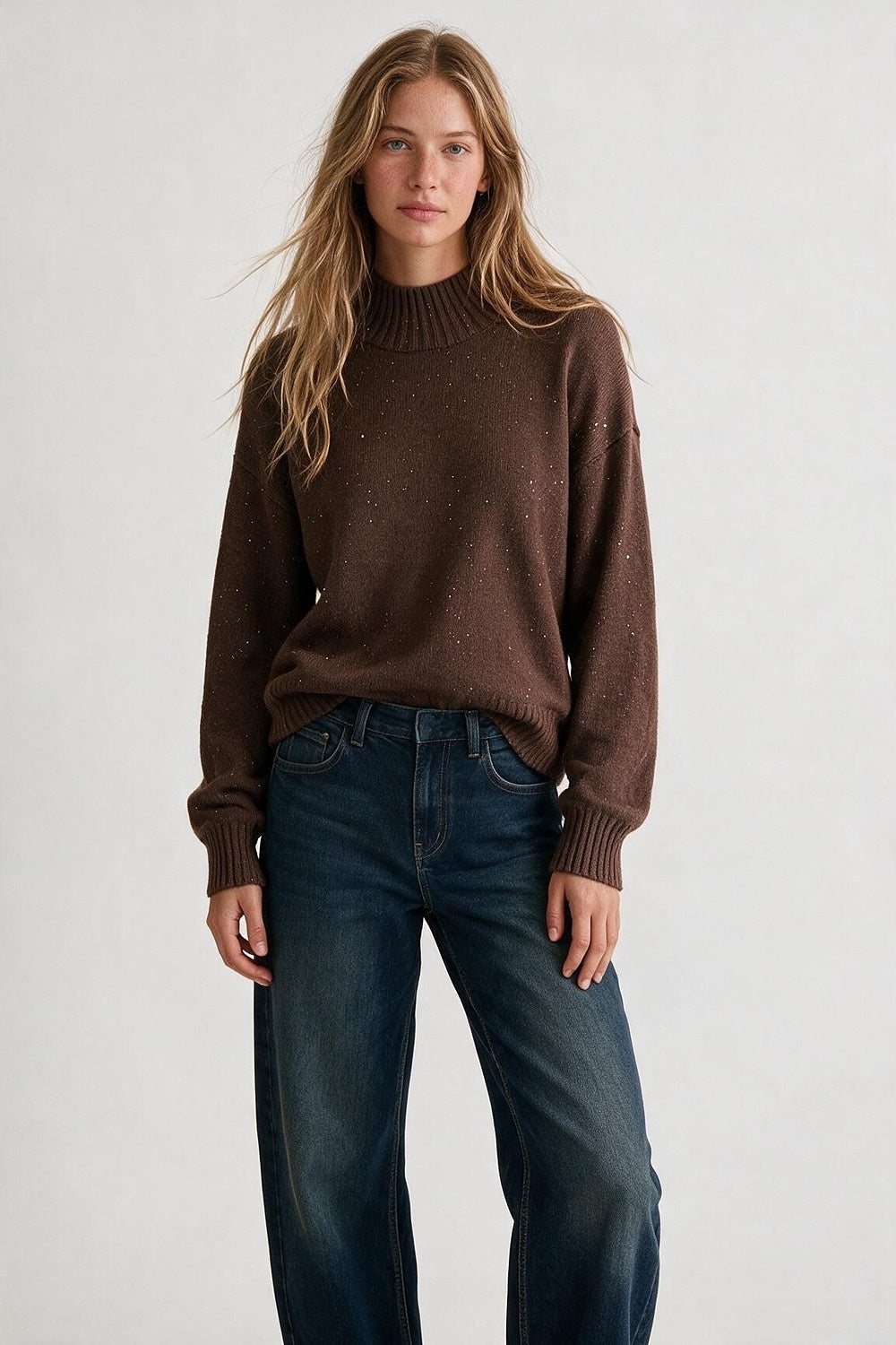 Brown Embellished Sequin Soft Knit Ribbed Mock Neck Sweater - Jumpers