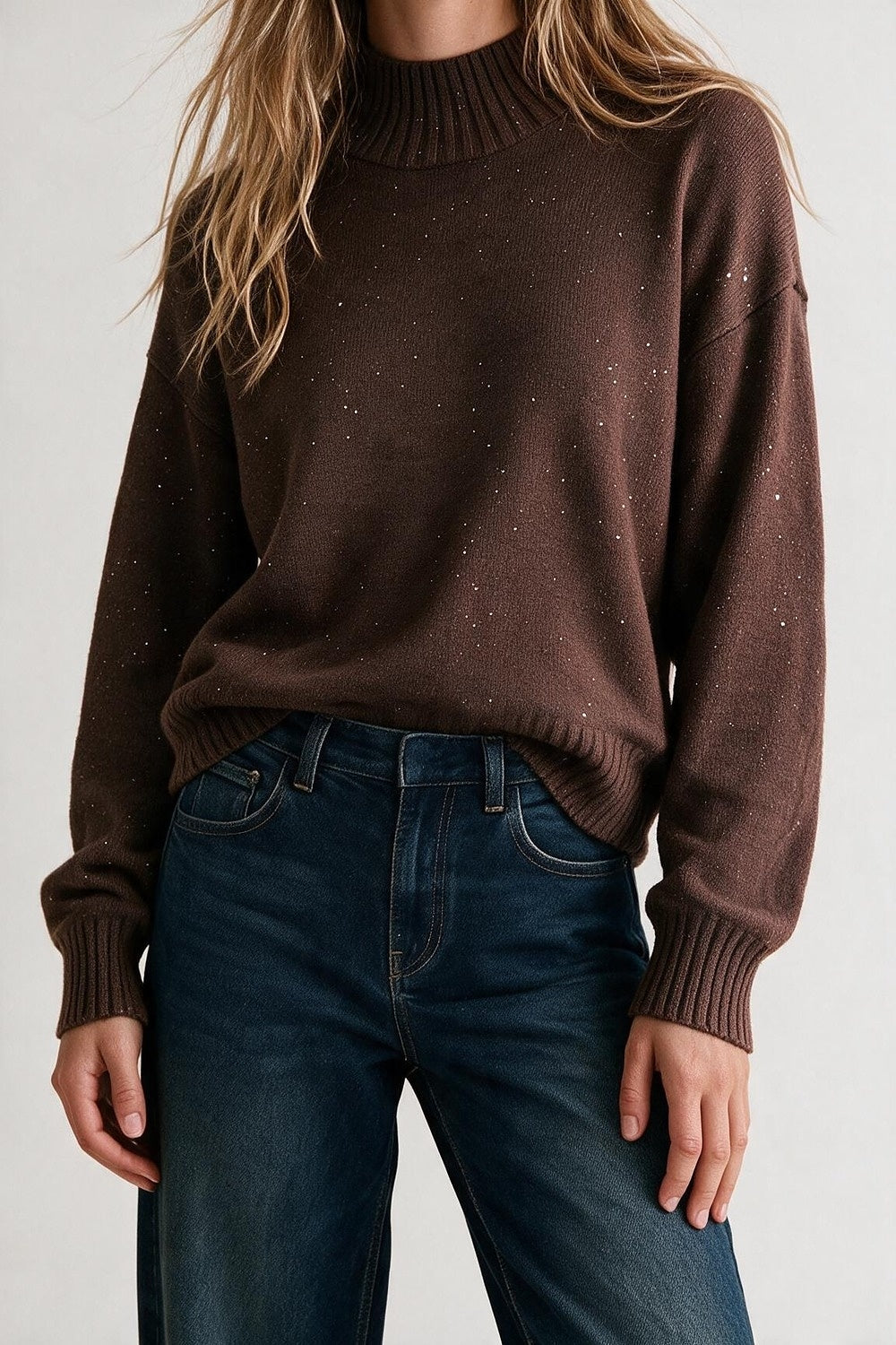 Brown Embellished Sequin Soft Knit Ribbed Mock Neck Sweater - Jumpers