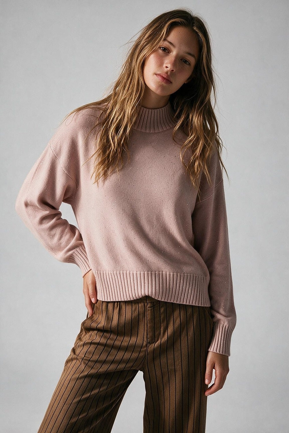 Light Pink Embellished Sequin Soft Knit Ribbed Turtleneck Sweater - Jumpers