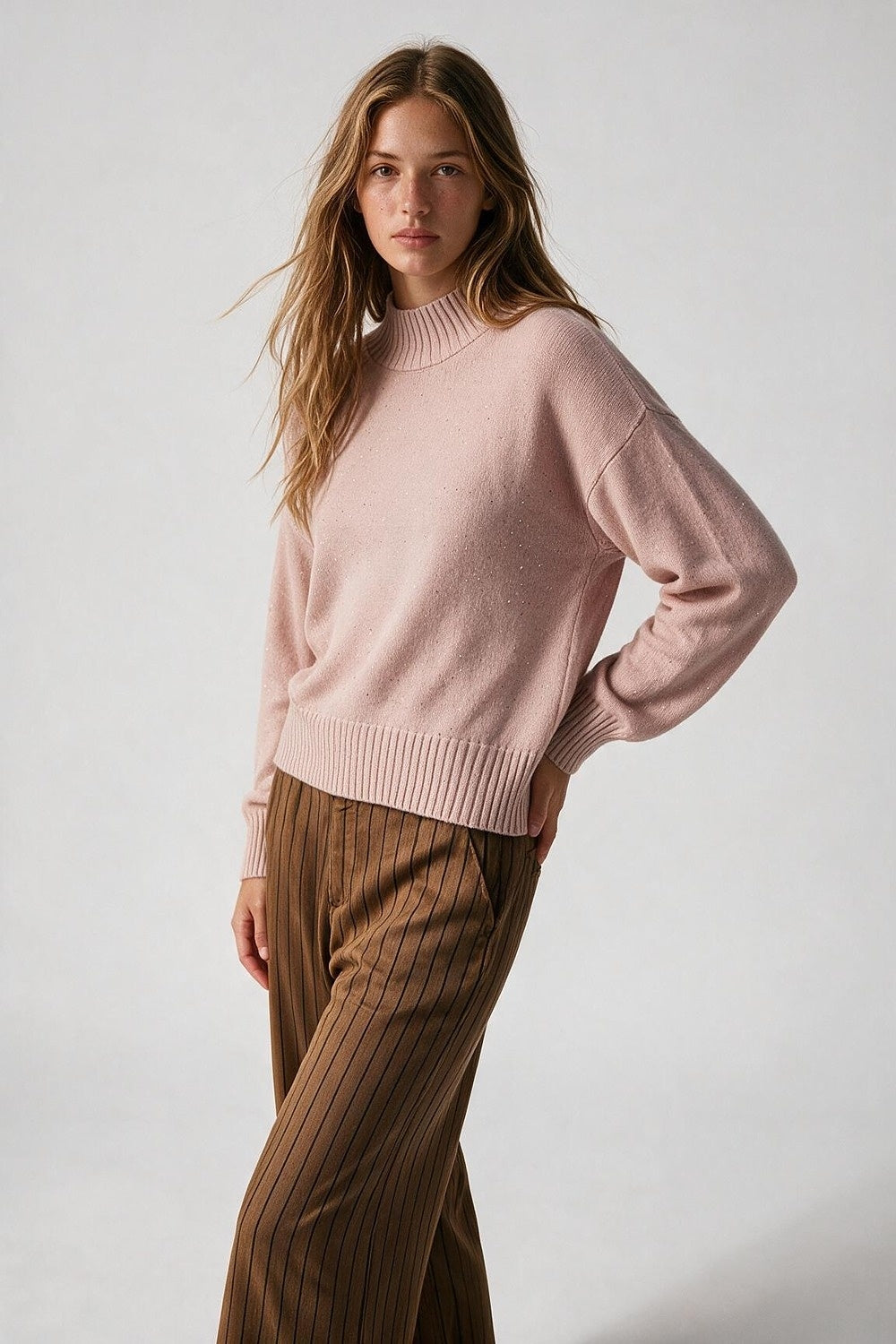 Light Pink Embellished Sequin Soft Knit Ribbed Turtleneck Sweater - Jumpers