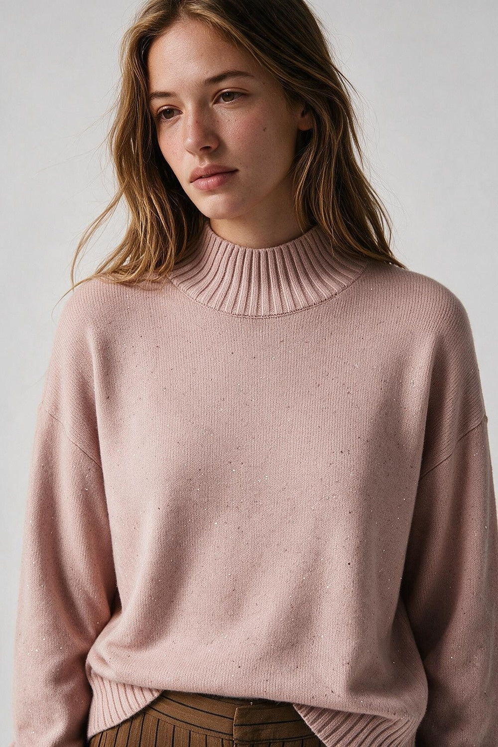 Light Pink Embellished Sequin Soft Knit Ribbed Turtleneck Sweater - Jumpers