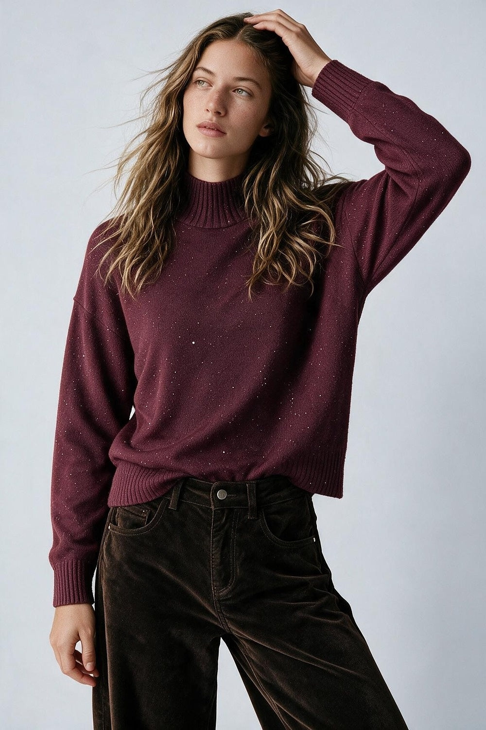 Burgundy Embellished Sequin Soft Knit Ribbed Turtleneck Long Sleeve Sweater - Jumpers