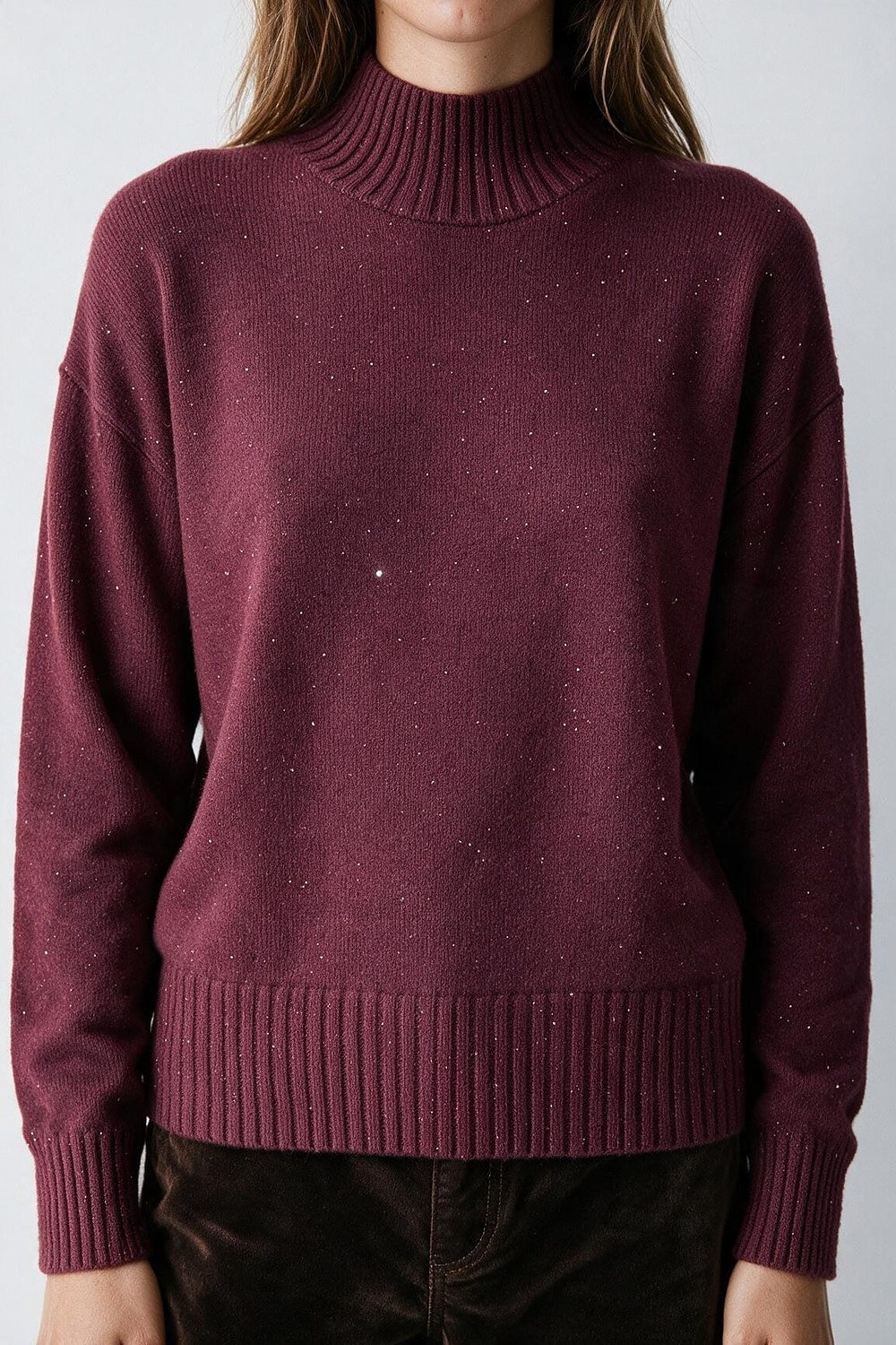 Burgundy Embellished Sequin Soft Knit Ribbed Turtleneck Long Sleeve Sweater - Jumpers