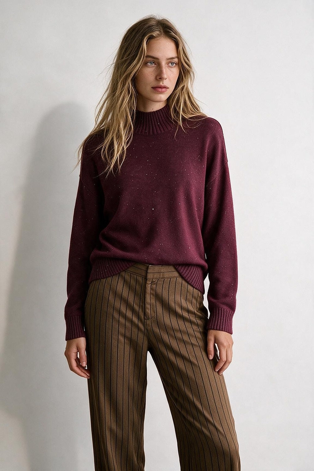 Burgundy Embellished Sequin Fine Knit Ribbed Mock Neck Sweater - Jumpers
