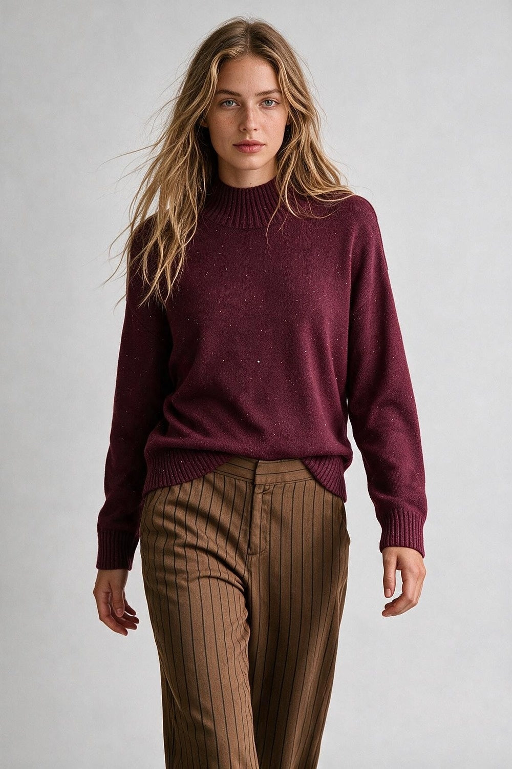 Burgundy Embellished Sequin Fine Knit Ribbed Mock Neck Sweater - Jumpers