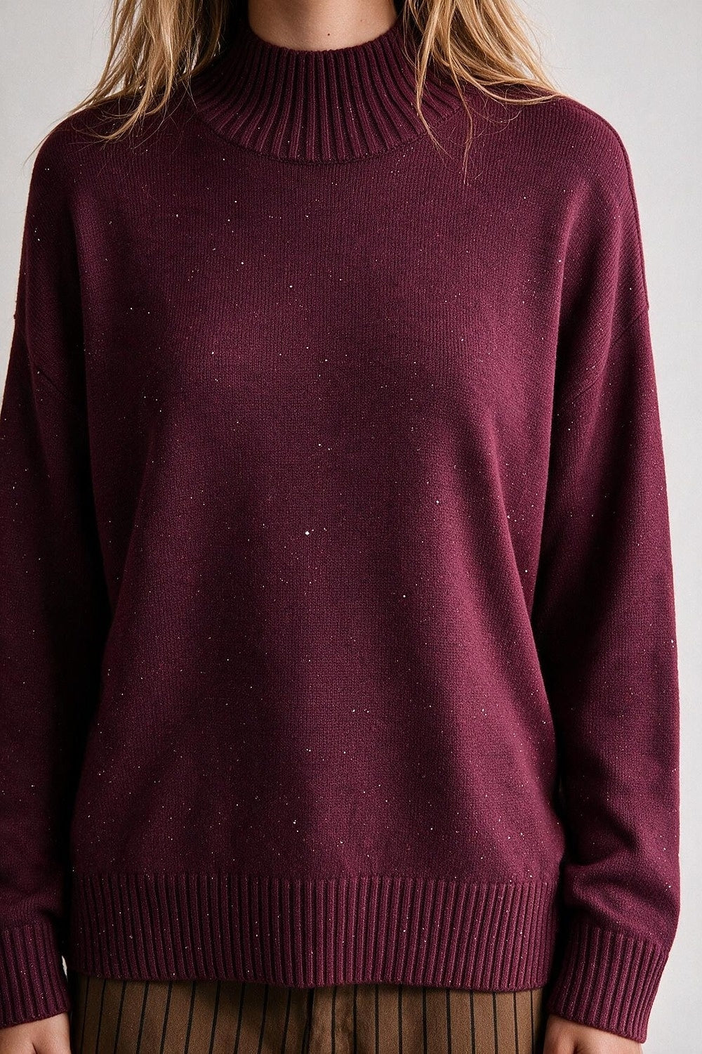 Burgundy Embellished Sequin Fine Knit Ribbed Mock Neck Sweater - Jumpers