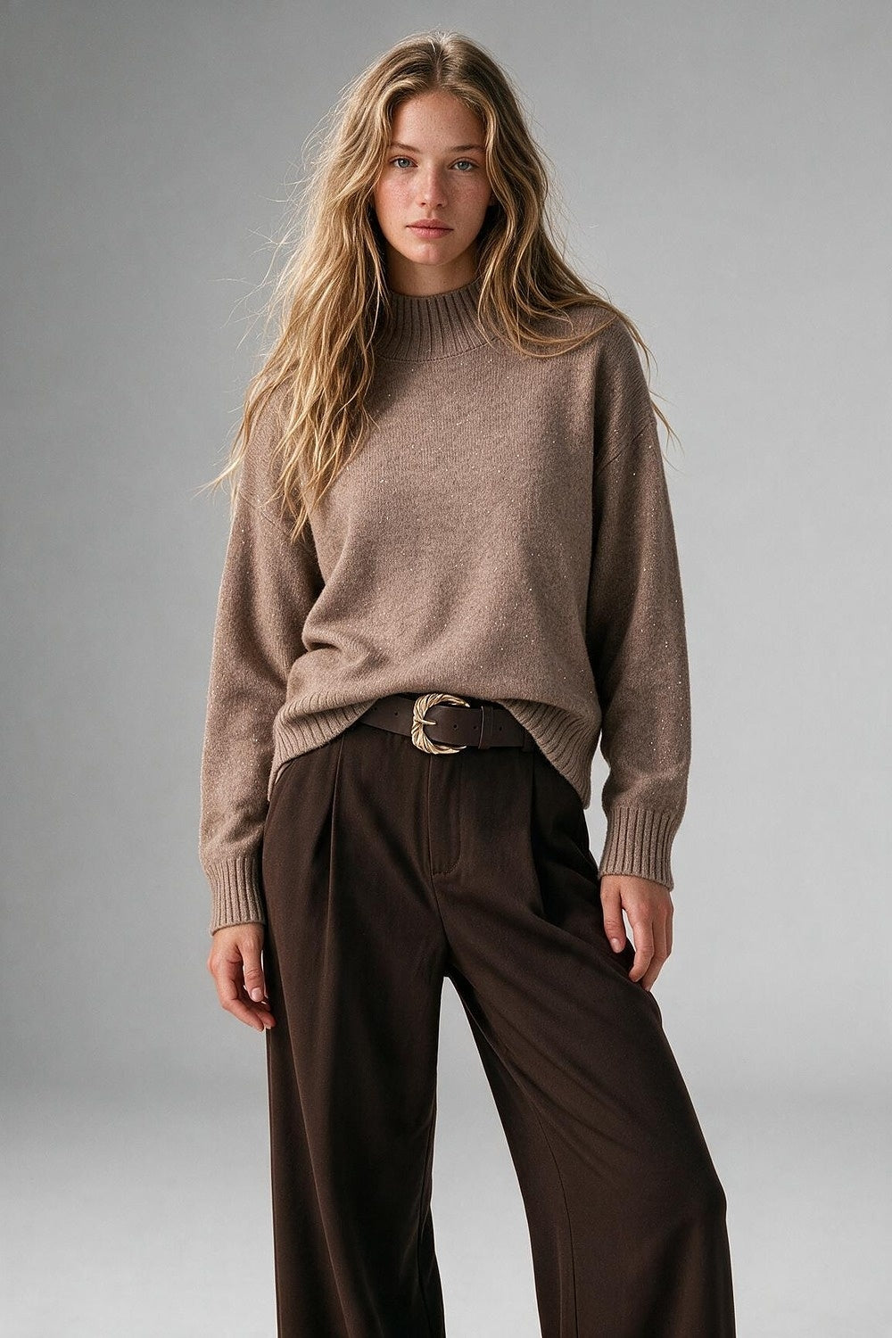 Camel Embellished Sequin Soft Knit Ribbed Trim Mock Neck Sweater - Jumpers