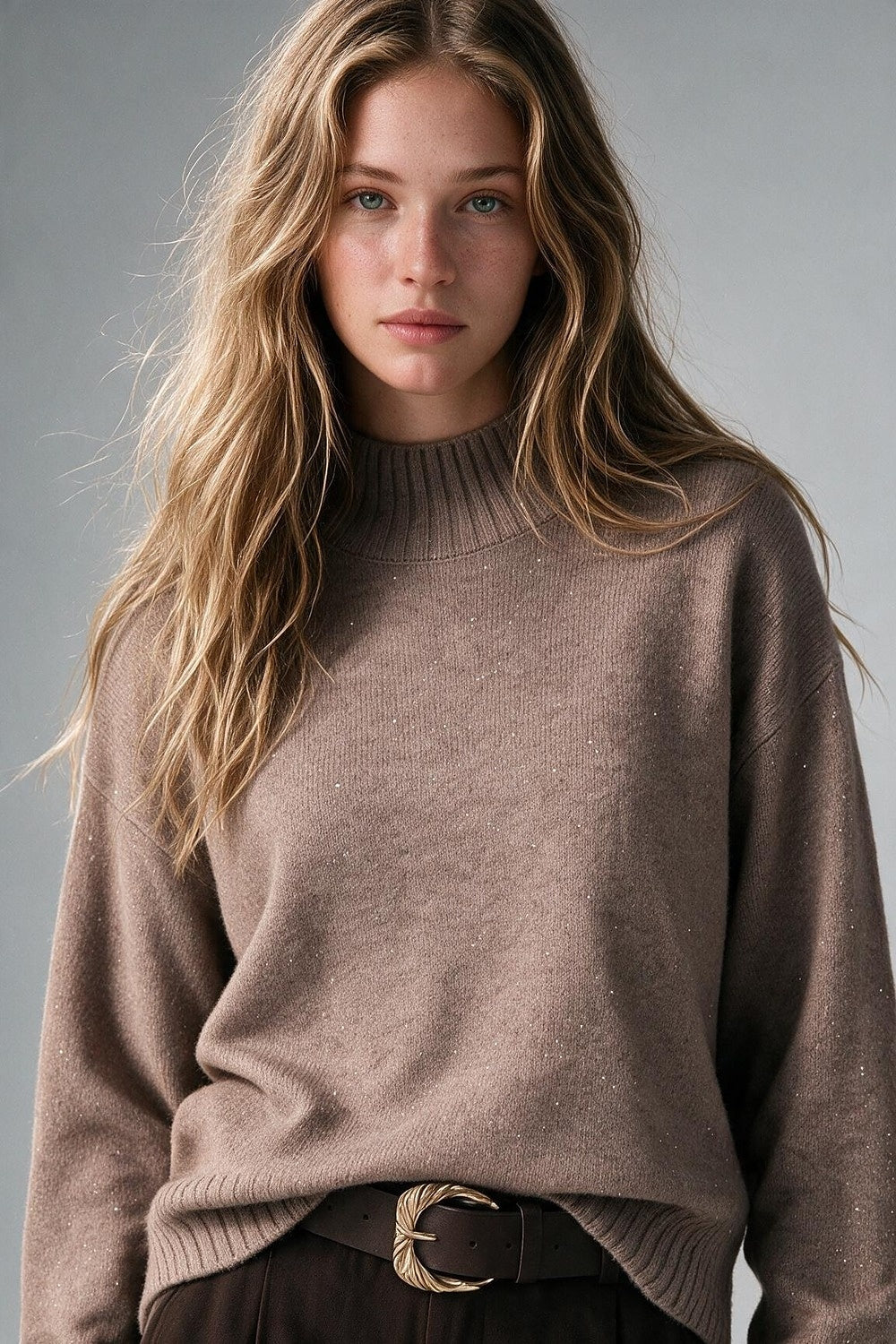 Camel Embellished Sequin Soft Knit Ribbed Trim Mock Neck Sweater - Jumpers