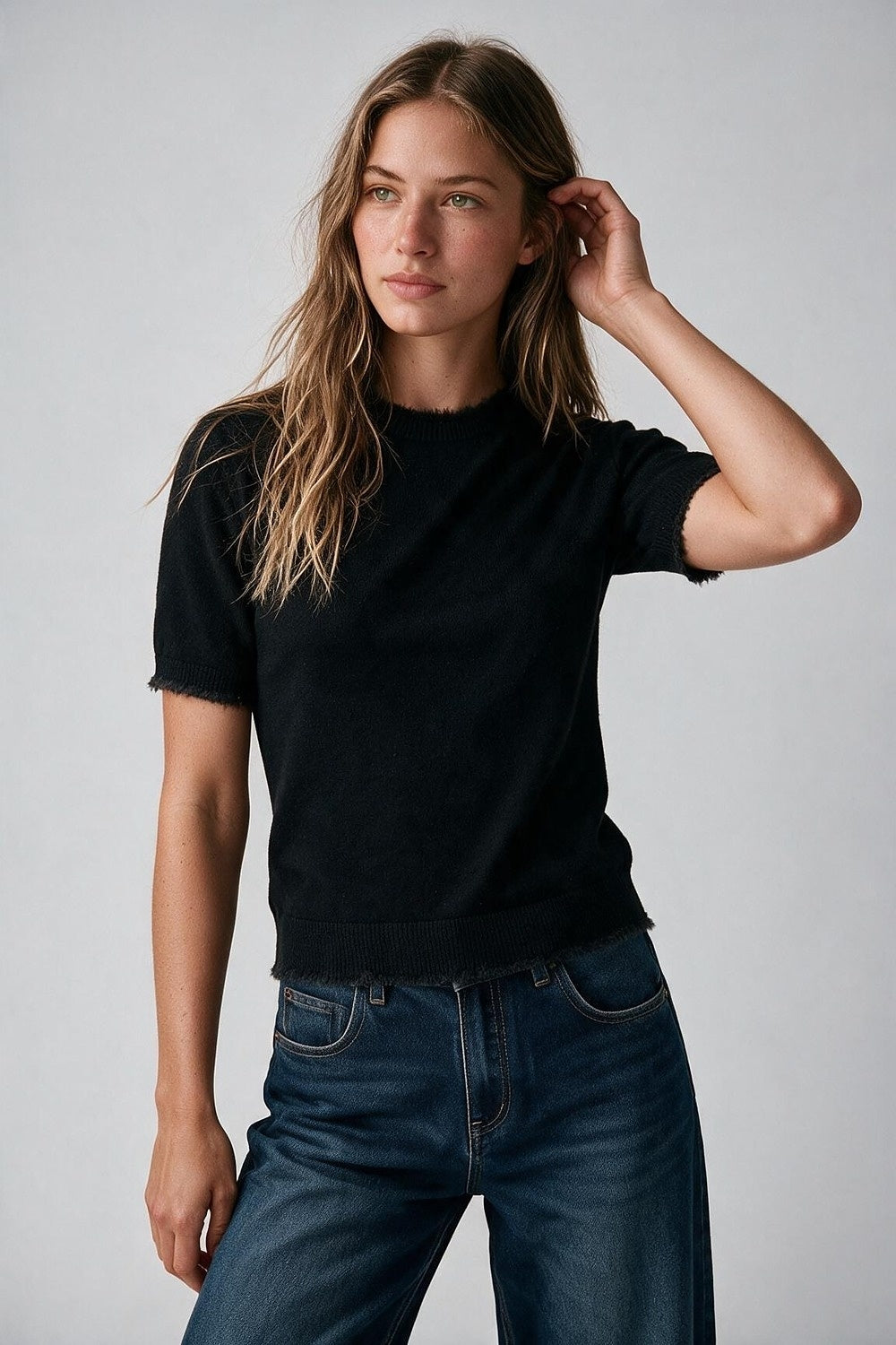 Black Short Sleeve Crew Neck Sweater with Faux Fur Trim - Tops