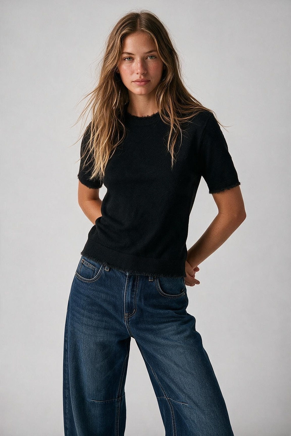 Black Short Sleeve Crew Neck Sweater with Faux Fur Trim - Tops