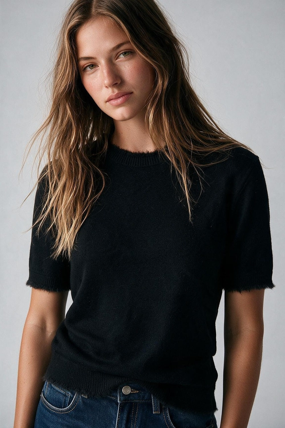 Black Short Sleeve Crew Neck Sweater with Faux Fur Trim - Tops